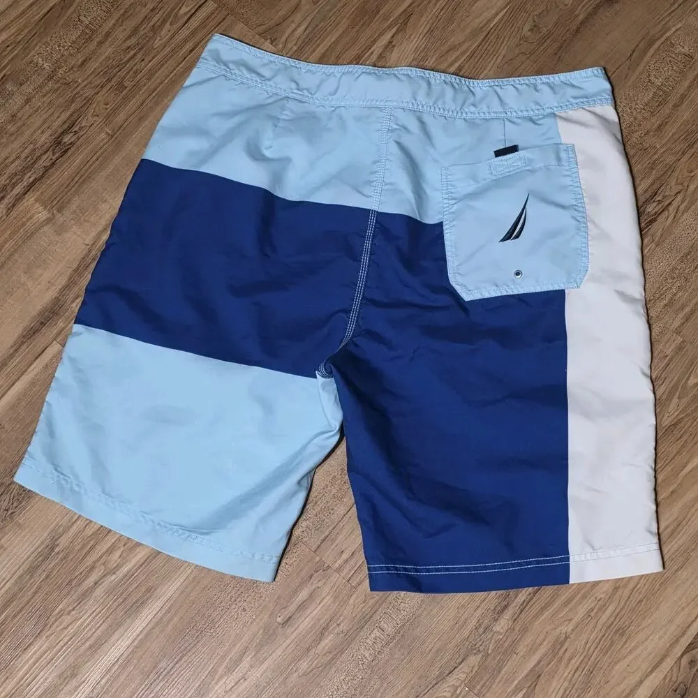Nautica Men’s Board Shorts 38W Blue Colorblock Swim Trunks 100% Polyester
